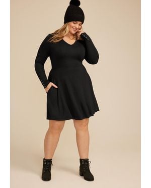 maurices Plus Size Ribbed V Neck Snap Cuff Skater Dress - Black