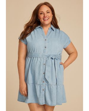 maurices Denim Tie Waist Short Sleeve Shirt Dress - Blue