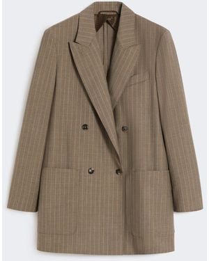 Max Mara Oversized Pinstripe Woolen Cloth Blazer - Natural