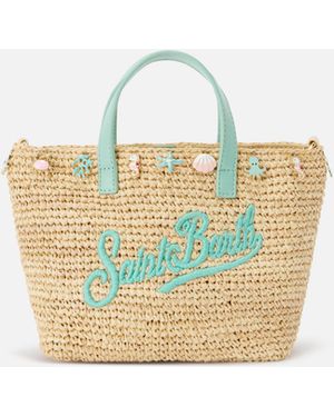 MC2 Saint Barth City Mini Raffia Bag With Applied Charms And Embroidered Logo - Blue