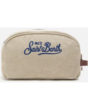MC2 Saint Barth Westwood Linen Beauty Bag With Embroidered Logo Pochette - Natural