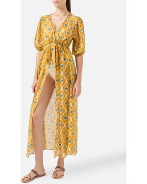 MC2 Saint Barth Cotton And Silk Long Dress Bliss With Geometric Print - Metallic