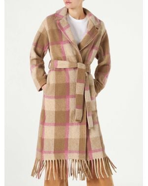 MC2 Saint Barth Charlot Long Coat With Fringes And Check Pattern - Natural