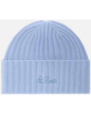 MC2 Saint Barth Wengen Beanie Light Cashmere With St. Barth Embroidery On The Turn-Up Hat - Blue