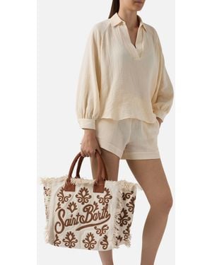 MC2 Saint Barth Canvas Vanity Regular Bag With Lily Tufting Embroidery - Natural