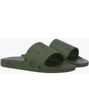 MCM Monogram Print Rubber Slides - Green