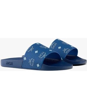 MCM Monogram Print Rubber Slides - Blue