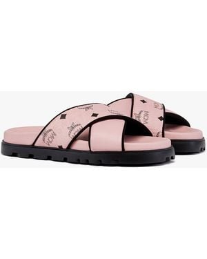 MCM Cross Sandal In Visetos Leather Mix - Pink