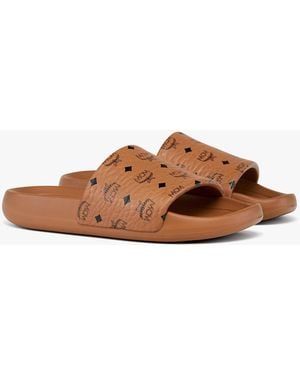 MCM Monogram Print Rubber Slides - Brown