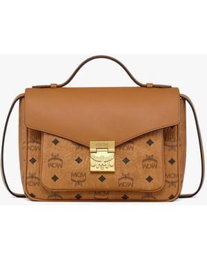 MCM Tracy Satchel In Visetos Leather Mix - Brown