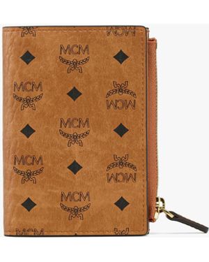 MCM Bifold Zip Card Wallet In Visetos Original - Brown