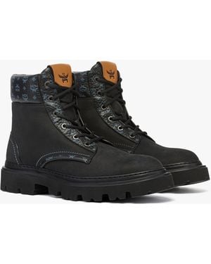 MCM Ankle Boots In Nubuck And Monogram Print Leather - Black