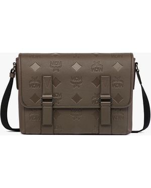 MCM Aren Messenger In Maxi Monogram Leather - Gray