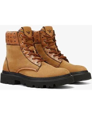 MCM Ankle Boots In Nubuck And Monogram Print Leather - Brown
