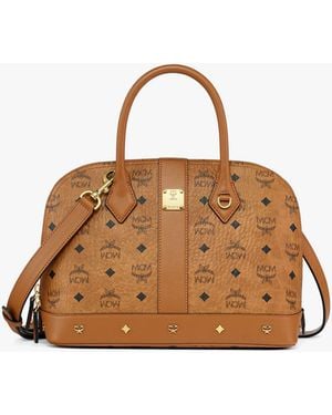 MCM Pina Studded Tote In Visetos - Brown