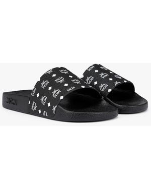 MCM Monogram Print Rubber Slides - Black