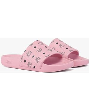 MCM Monogram Print Rubber Slides - Pink