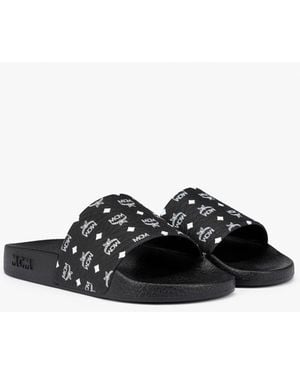 MCM Monogram Print Rubber Slides - Black