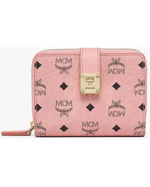 MCM Aren Brass Plate Wallet In Visetos - Pink