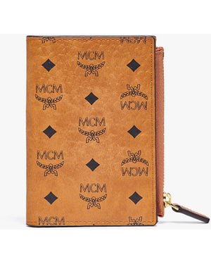 MCM Bifold Zip Card Wallet In Visetos Original - Brown