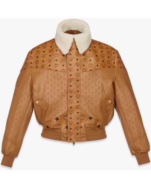 MCM Shearling Bomber Jacket In Visetos Leather Mix - Brown