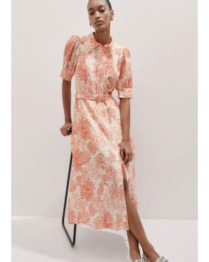 ME+EM Linen-Blend Stencil Meadow Print Midi Dress + Belt Light Cream/Peach - Pink