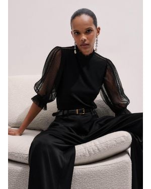 ME+EM Short Sleeve Lace Insert Tulle Layering Blouse - Black