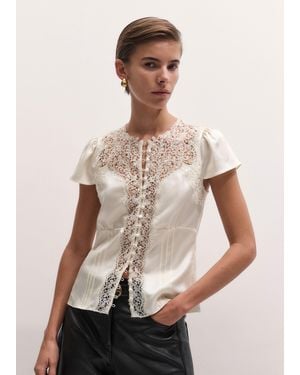 ME+EM Silk Satin And Lace Cap Sleeve Top - Natural