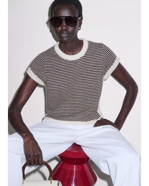 ME+EM Merino Cashmere Silk Stripe Straight Baby Tee Cream-Cocoa - Grey
