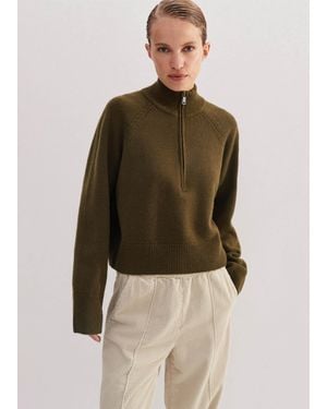 ME+EM Merino Cashmere High Zip Neck Crop Sweater - Green