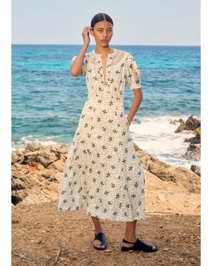 ME+EM Silk-Blend Swirling Leaf Print Midi Tea Dress - Blue