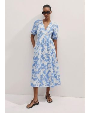 ME+EM Cheesecloth Tulip Print Midi Dress - Blue
