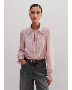 ME+EM Silk Cotton Lace Trim Button-Up Blouse - Pink