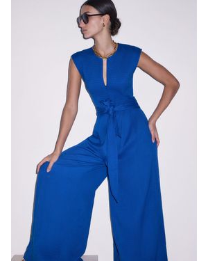 ME+EM Cheesecloth Smocked Bodice Wide Leg Jumpsuit + Belt - Blue