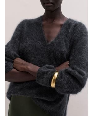 ME+EM Brushed Cashmere Relaxed V Neck Sweater Charcoal Melange - Blue