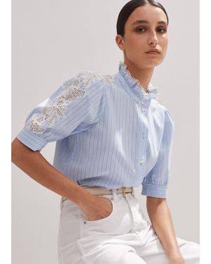 ME+EM Cotton Stripe Lace Detail Blouse - Blue