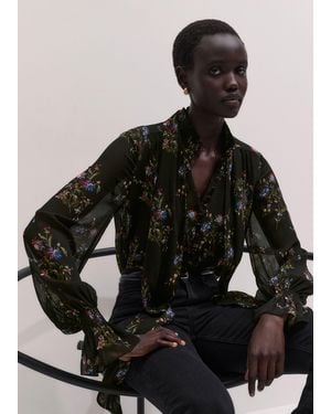 ME+EM Wild Winter Floral Print Blouse With Cami + Tie - Black