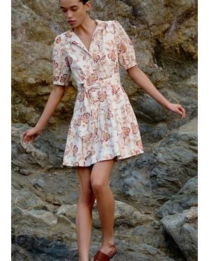 ME+EM Creaseless Linen Ornate Floral Paisley Print Short Dress Light Cream-Multi - Grey