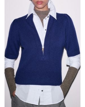 ME+EM Cashmere Zip Neck Pouf Sleeve Knit Tee - Blue