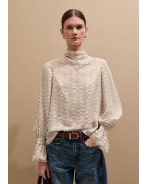 ME+EM Silk Delicate Ribbon Print Cowl Neck Straight Top - Natural