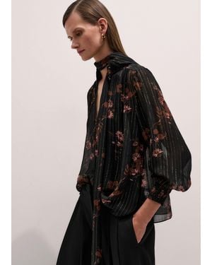 ME+EM Silk Blend Watercolour Print Swing Blouse With Tie + Cami/Multi - Black