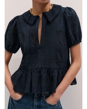 ME+EM Cotton Broderie Boxy Peplum Top - Blue
