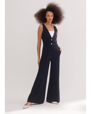 ME+EM Textured Low V Wide-Leg Jumpsuit - Blue