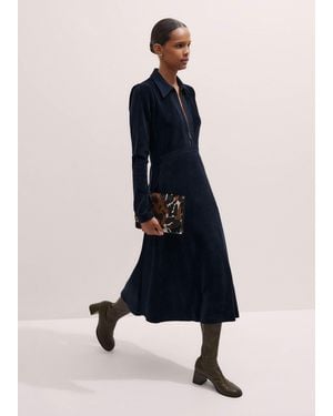 ME+EM Ponte Collared Cord Velour Midi Dress - Blue