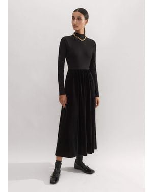 ME+EM Mixed-Media Velour Long Sleeve Maxi Dress - Black