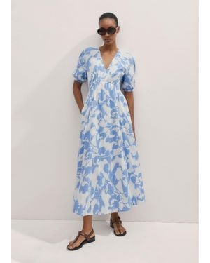 ME+EM Cheesecloth Tulip Print Midi Dress - Blue