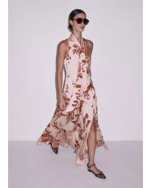 ME+EM Silk Satin Draping Wisteria Print Full Length Dress + Tie-Cinnamon - Pink