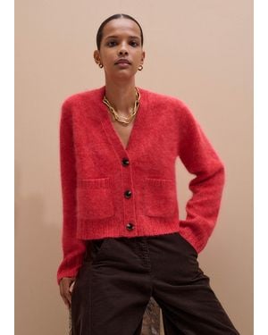 ME+EM Brushed Cashmere Relaxed Mouliné V-Neck Cardigan True Scarlet Mouliné - Red