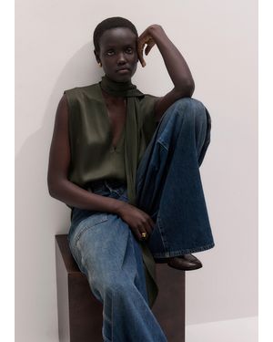 ME+EM Satin V Neck Shell Top + Tie - Blue