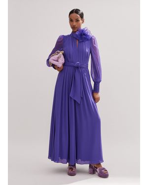 ME+EM Silk Full-Length Dress With Corsage + Belt - Purple